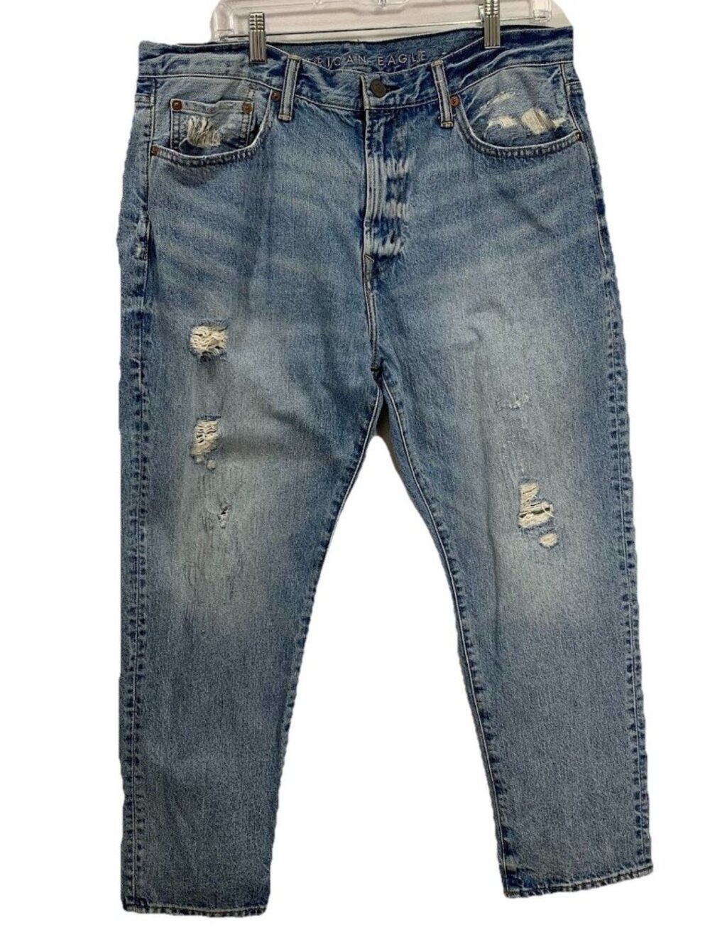 American Eagle Jeans Mens 36x30 Slim Straight Leg Medium Blue Denim Distressed